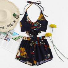 Shein Knot Back Floral Halter Top With Shorts
