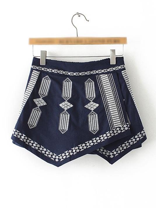 Shein Navy Elastic Waist Tribal Embroidery Culottes