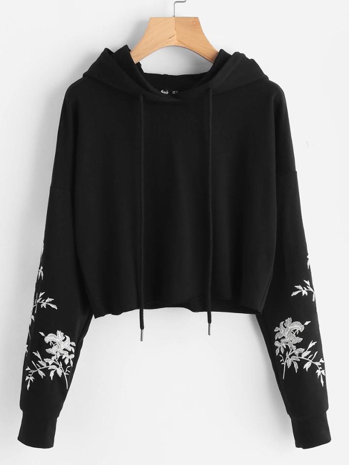 Shein Drop Shoulder Raw Hem Embroidered Hoodie
