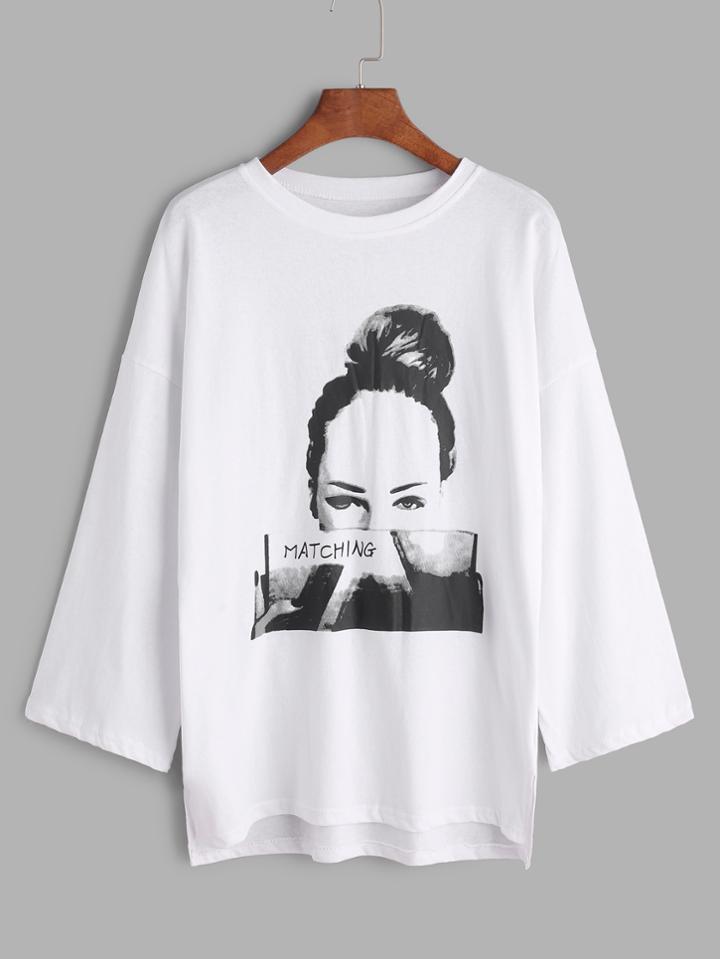Shein White Printed Drop Shoulder Slit Side High Low T-shirt