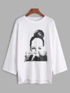 Shein White Printed Drop Shoulder Slit Side High Low T-shirt