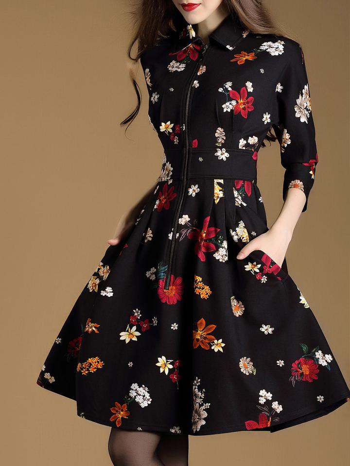 Shein Black Lapel Floral A-line Dress