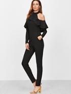 Shein Black Halter Neck Ruffle Trim Skinny Jumpsuit