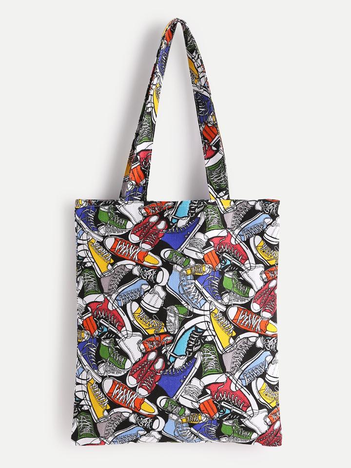 Shein Shoes Print Linen Tote Bag