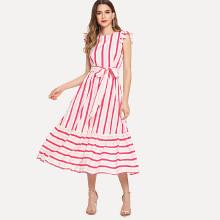 Shein Self Belted Ruffle Trim Striped Dress
