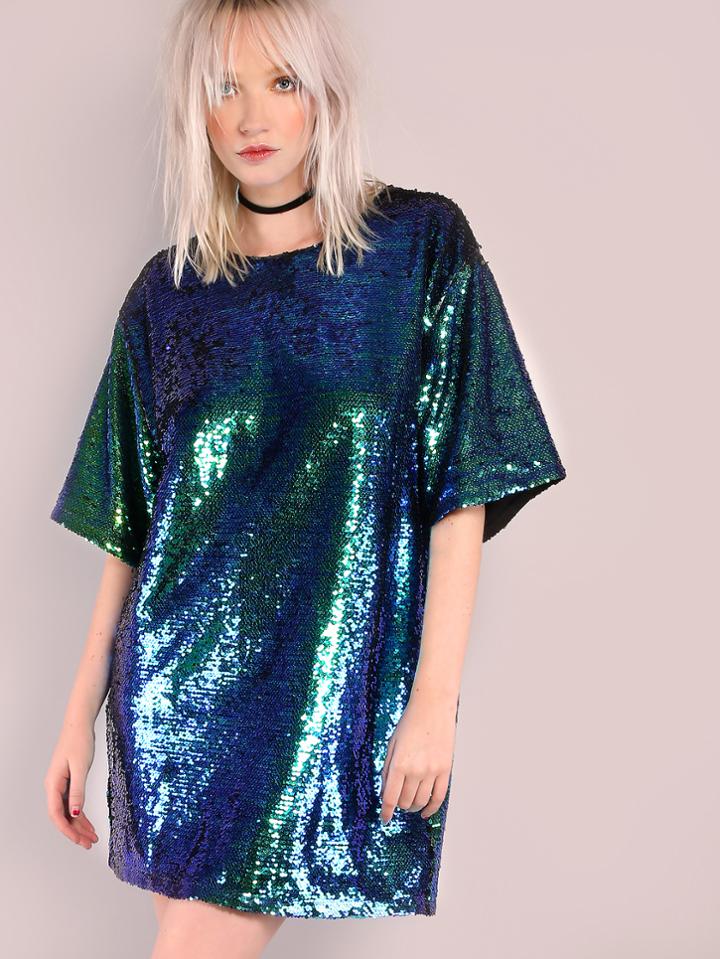 Shein Iridescent Green Sequin Tee Dress