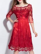 Shein Red Gauze Embroidered Disc Flowers Dress