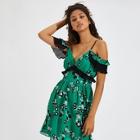 Shein Cold Shoulder Pleated Ruffle Trim Floral Dress