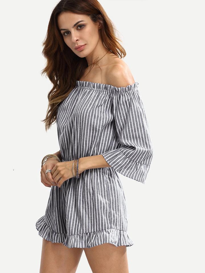 Shein Off Shoulder Frilled Pinstripe Romper