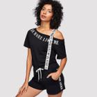 Shein One Shoulder Letter Tape Tee With Shorts