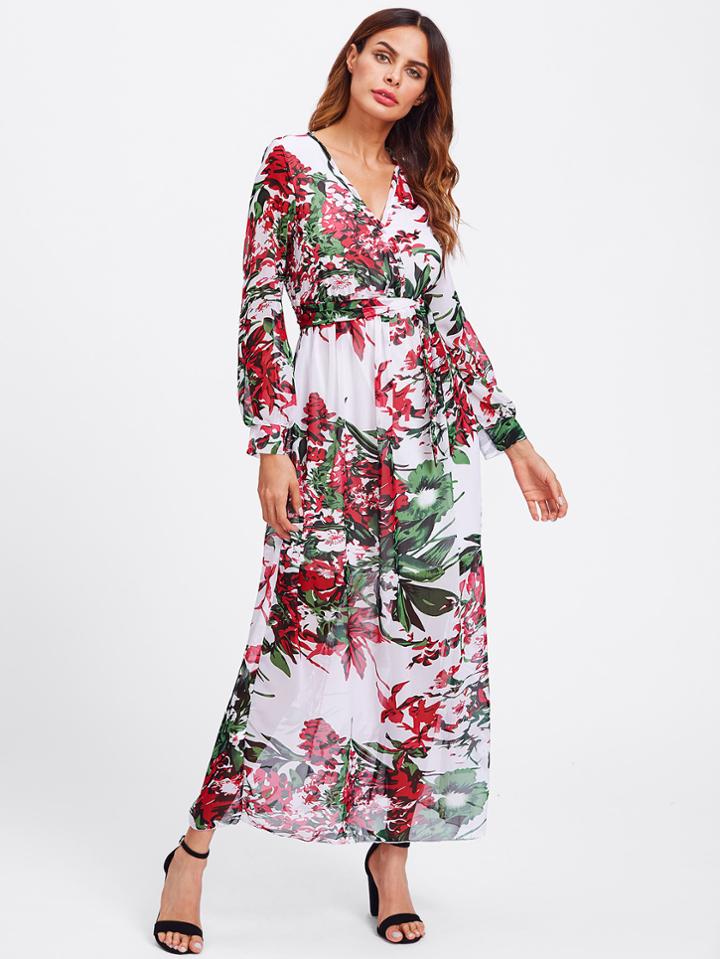 Shein Random Botanical Print Self Tie Surplice Dress