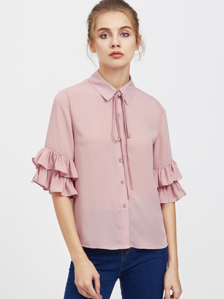 Shein Tie Neck Layered Ruffle Sleeve Blouse