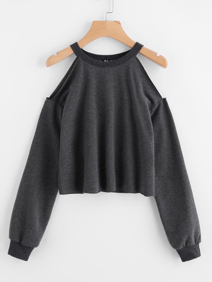 Shein Open Shoulder Raw Hem Heathered Pullover