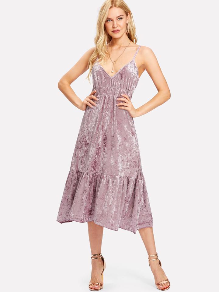 Shein Shirred Waist Ruffle Hem Velvet Cami Dress
