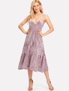 Shein Shirred Waist Ruffle Hem Velvet Cami Dress