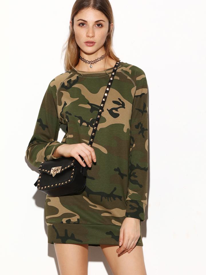 Shein Olive Green Camo Print Raglan Sleeve Sweatshirt