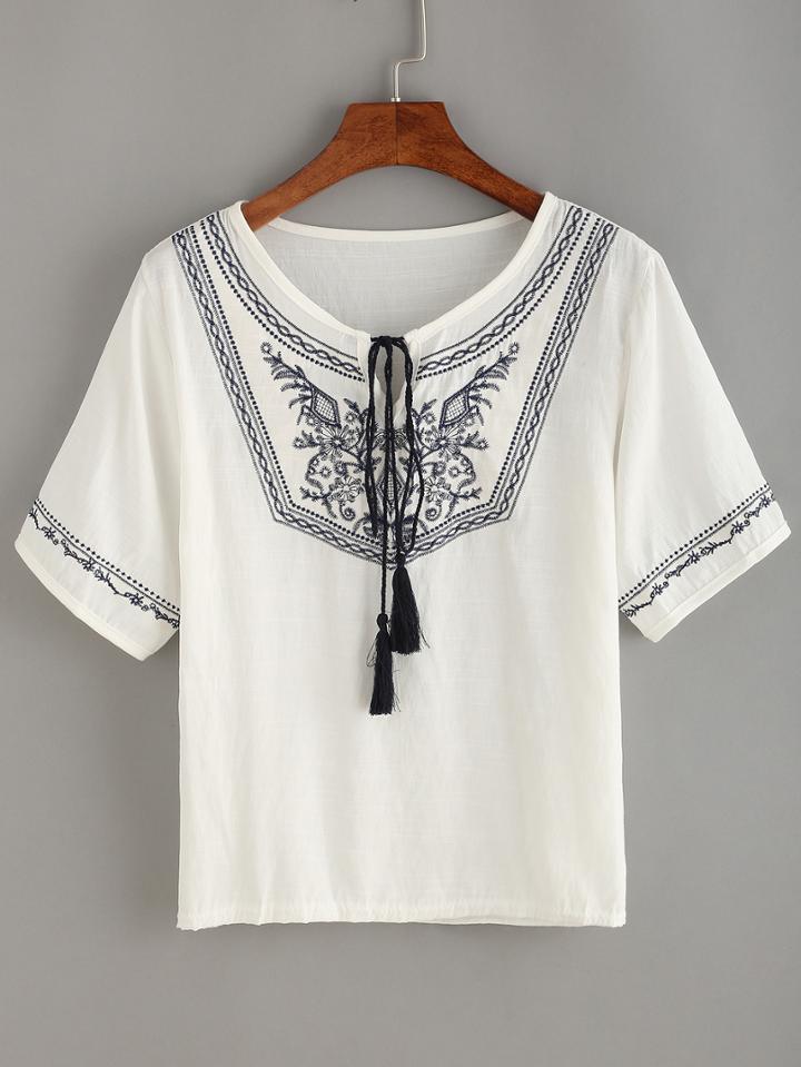 Shein Embroidery Tassel-tie Neck Blouse