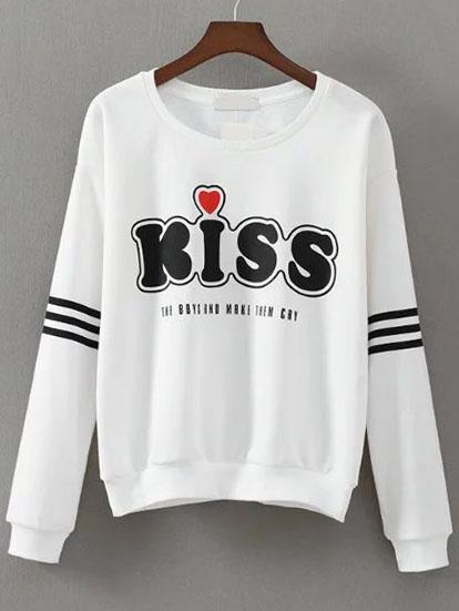 Shein White Letter Print Striped Sleeve Sweatshirt