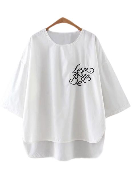 Shein White Short Sleeve Dip Hem Embroidery Blouse