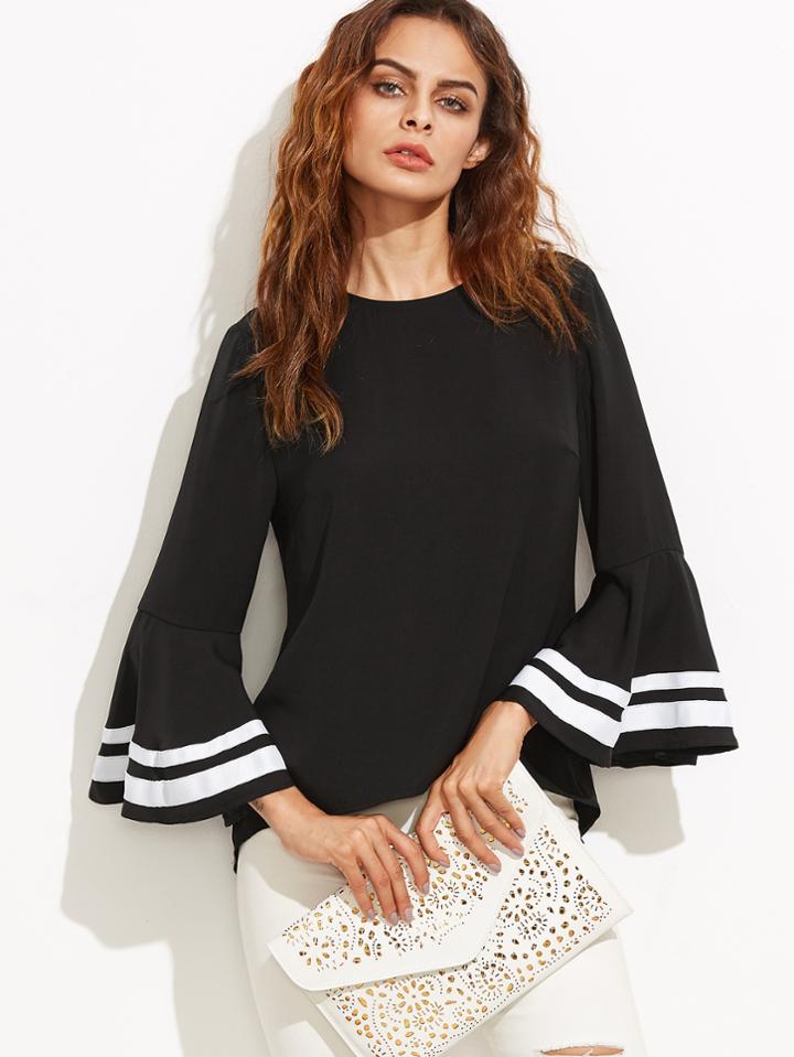Shein Striped Trim Bell Sleeve Keyhole Back Blouse