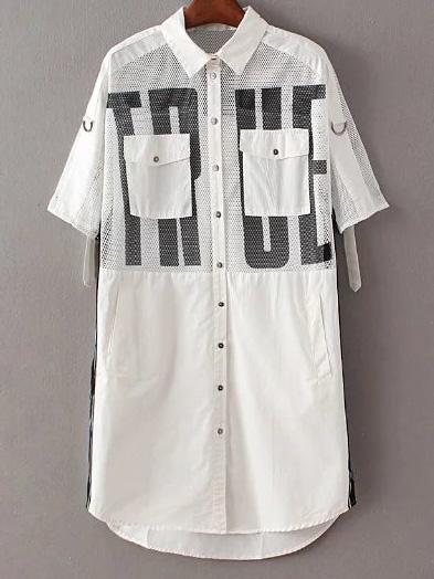 Shein White Pockets Mesh Letters Print Denim Shirt Dress