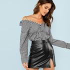 Shein Collared Cold Shoulder Mixed Gingham Blouse
