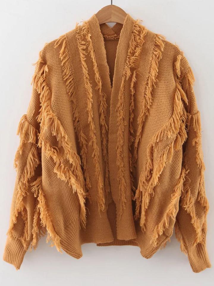 Shein Khaki Fringe Detail Open Front Cardigan