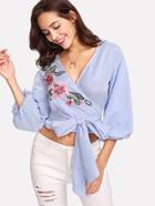 Shein Lantern Sleeve Embroidered Applique Pinstriped Wrap Top
