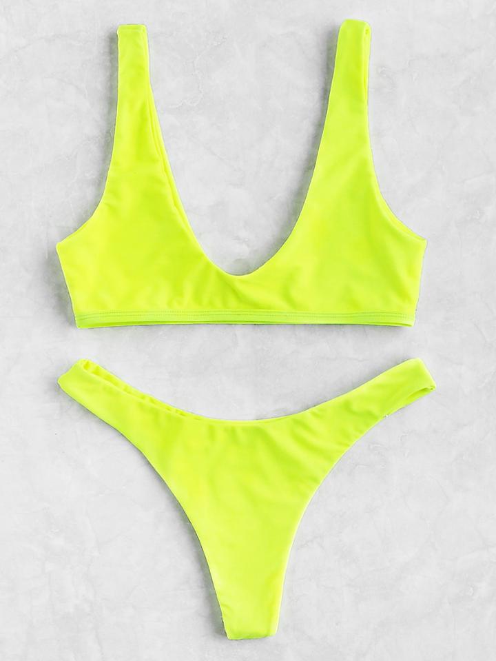 Shein Neon Plunge Neckline High Leg Bikini Set