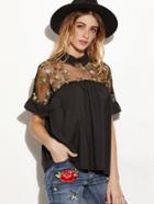 Shein Black Embroidered Sheer Neck Ruffle Cuff Tie Back Top