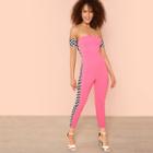 Shein Grid Insert Cut And Sew Bardot Jumpsuit