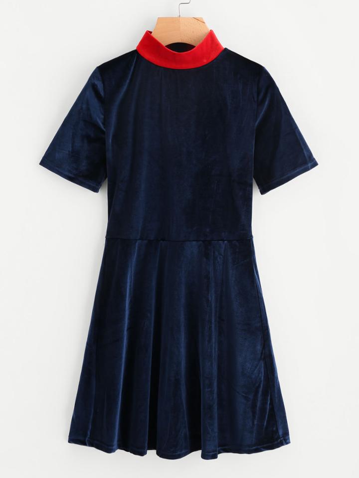 Shein Contrast Collar Swing Velvet Dress