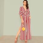 Shein Knot Cut Out Front Slit Hem Striped Jumpsuit
