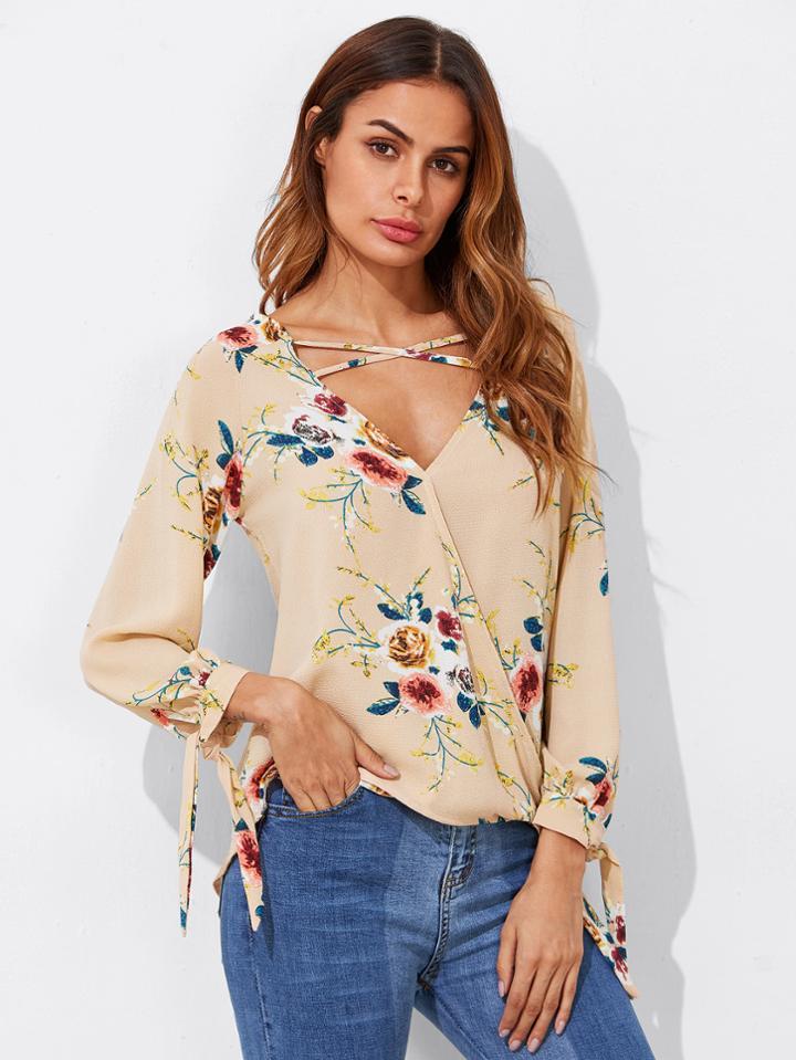 Shein Crisscross Tie Detail Tropical Print Surplice Blouse