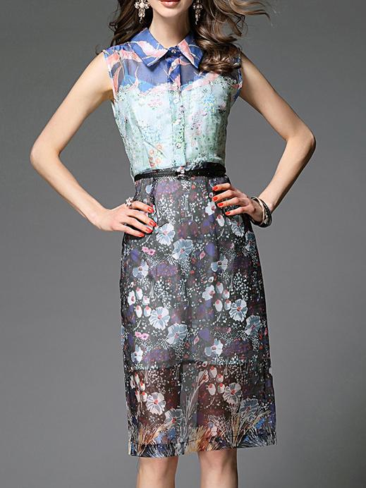 Shein Multicolor Lapel Belted Print Shift Dress