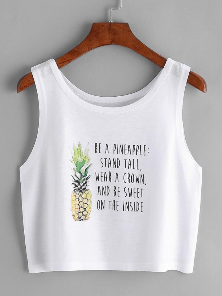 Shein Pineapple And Slogan Print Crop Tank Top