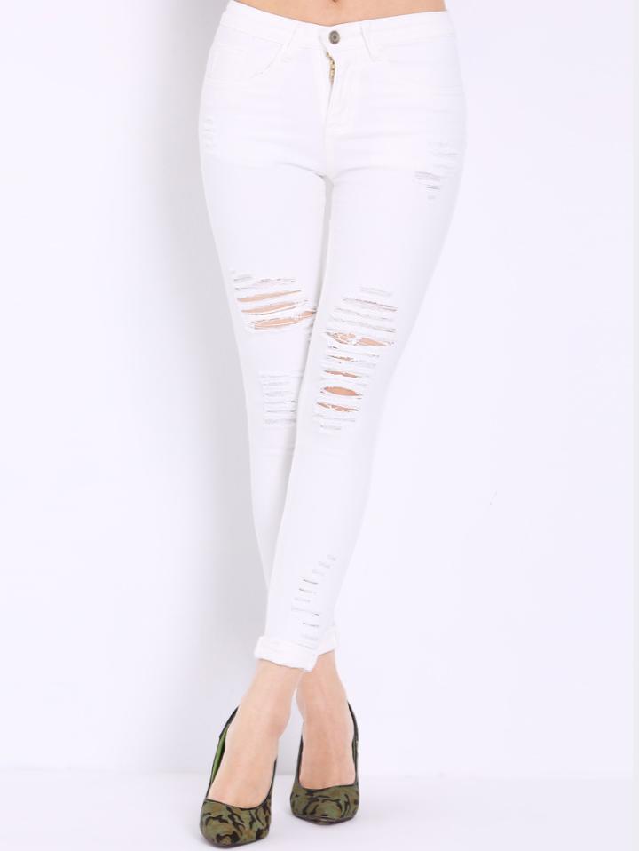 Shein High Waist Ripped Denim White Pant