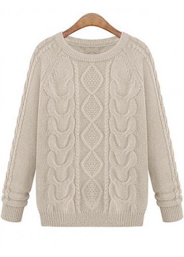 Rosewe Beige Cable Round Neck Long Sleeve Pullovers Sweaters