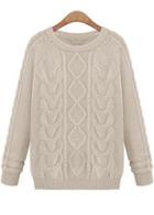 Rosewe Beige Cable Round Neck Long Sleeve Pullovers Sweaters