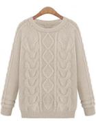 Rosewe Beige Cable Round Neck Long Sleeve Pullovers Sweaters