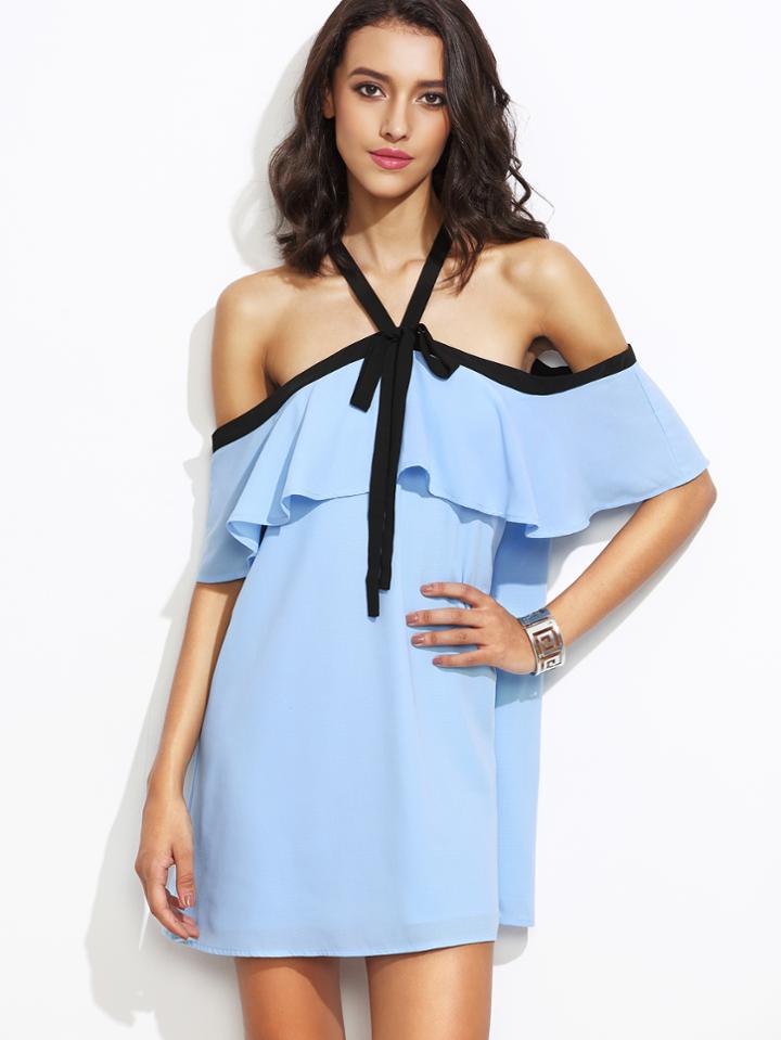 Shein Light Blue Cold Shoulder Contrast Trim Tie Ruffle Dress