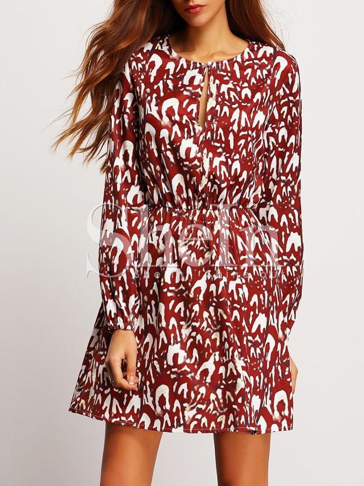 Shein Burgundy Keyhole Front Print A Line Dress