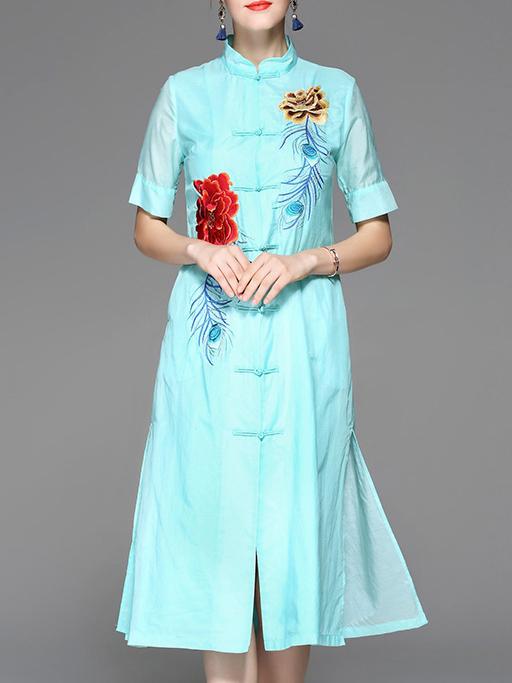 Shein Blue Flowers Embroidered Shift Split Dress