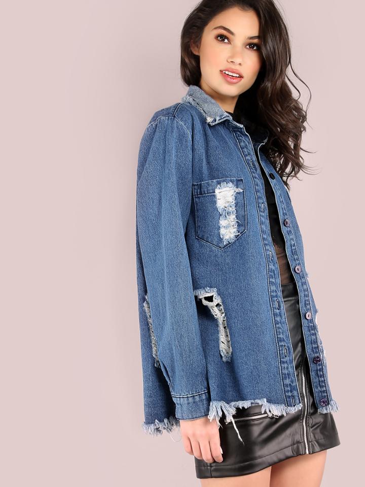 Shein Distressed Denim Shirt Jacket Denim