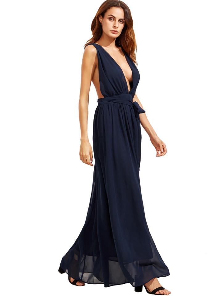 Shein Deep Plunge Neck Self-tie Waist Loop Back Dress