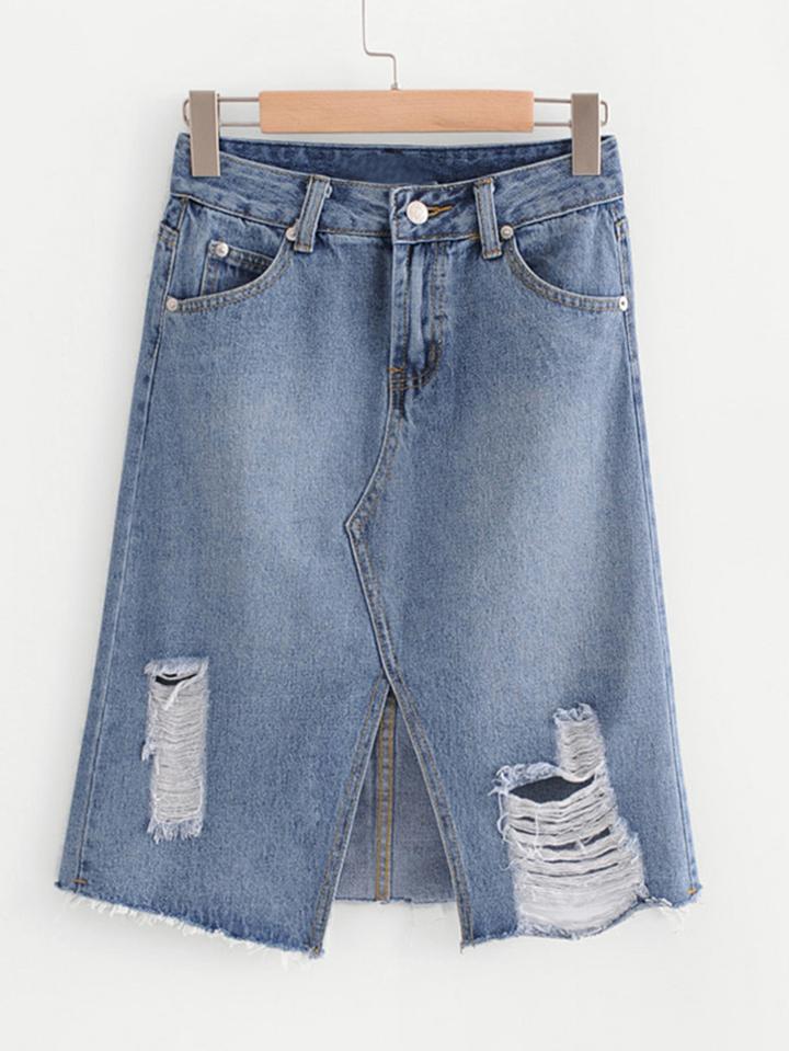 Shein Destructed Raw Hem Denim Skirt