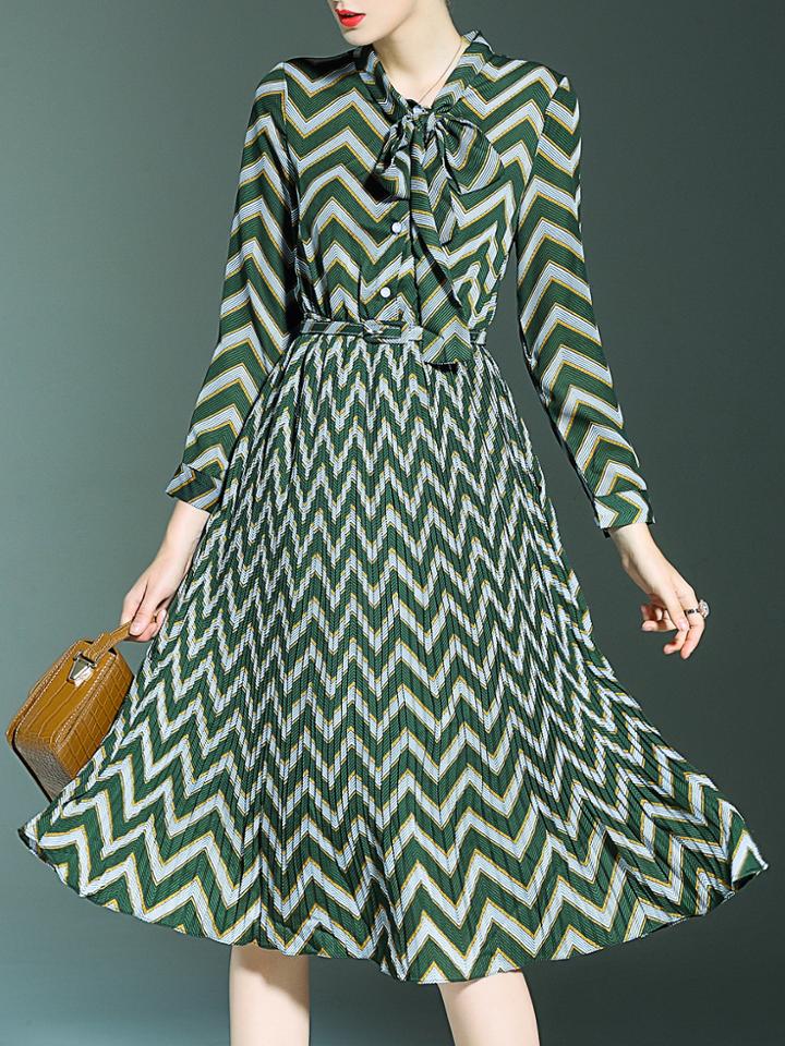 Shein Green Tie Neck Belted Chevron Pleated A-line Dress