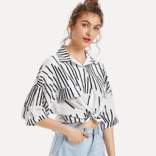 Shein Contrast Striped Dip Hem Shirt