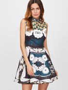 Shein Multicolor Flower Print Jacquard Structured Skater Dress