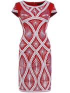 Shein Red Crew Neck Disc Flowers Embroidered Sheath Dress
